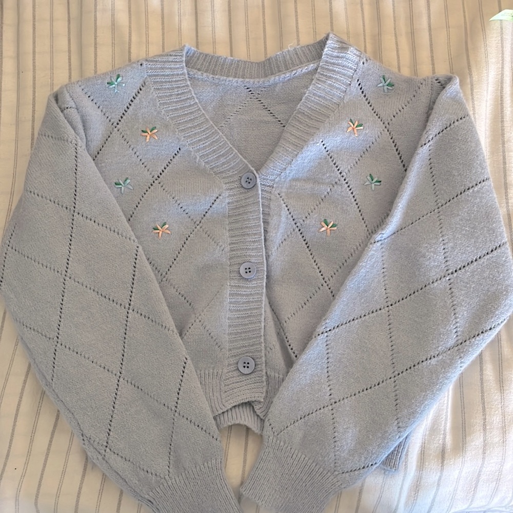 light blue sweater, with embroidered flowers